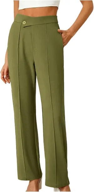 Petite Dress Pants for Women's Wide Leg Palazzo Pant Business Casual Elastic High Waisted Work Trousers with Pockets