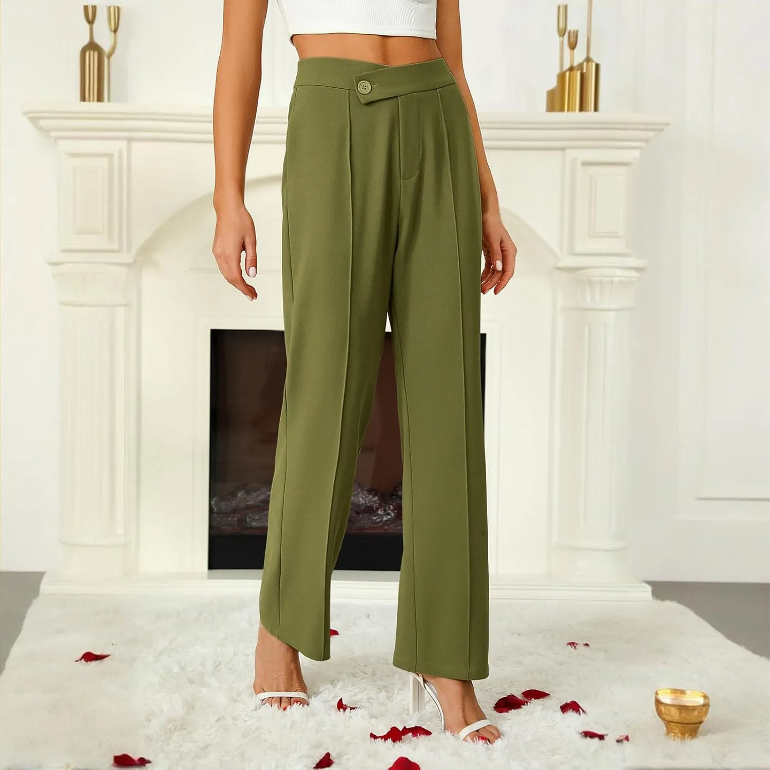 Petite Dress Pants for Women's Wide Leg Palazzo Pant Business Casual Elastic High Waisted Work Trousers with Pockets