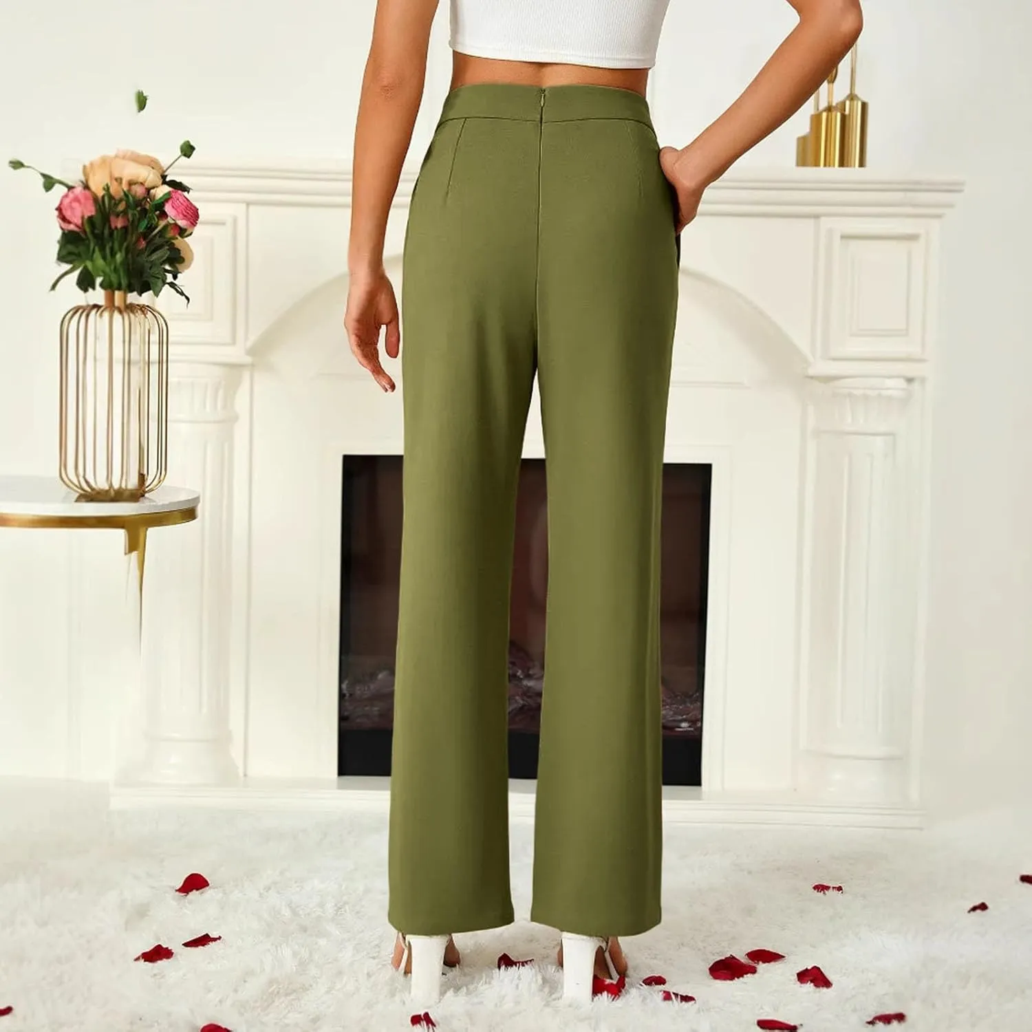 Petite Dress Pants for Women's Wide Leg Palazzo Pant Business Casual Elastic High Waisted Work Trousers with Pockets