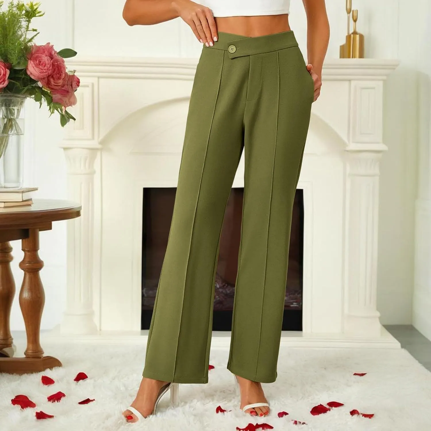Petite Dress Pants for Women's Wide Leg Palazzo Pant Business Casual Elastic High Waisted Work Trousers with Pockets