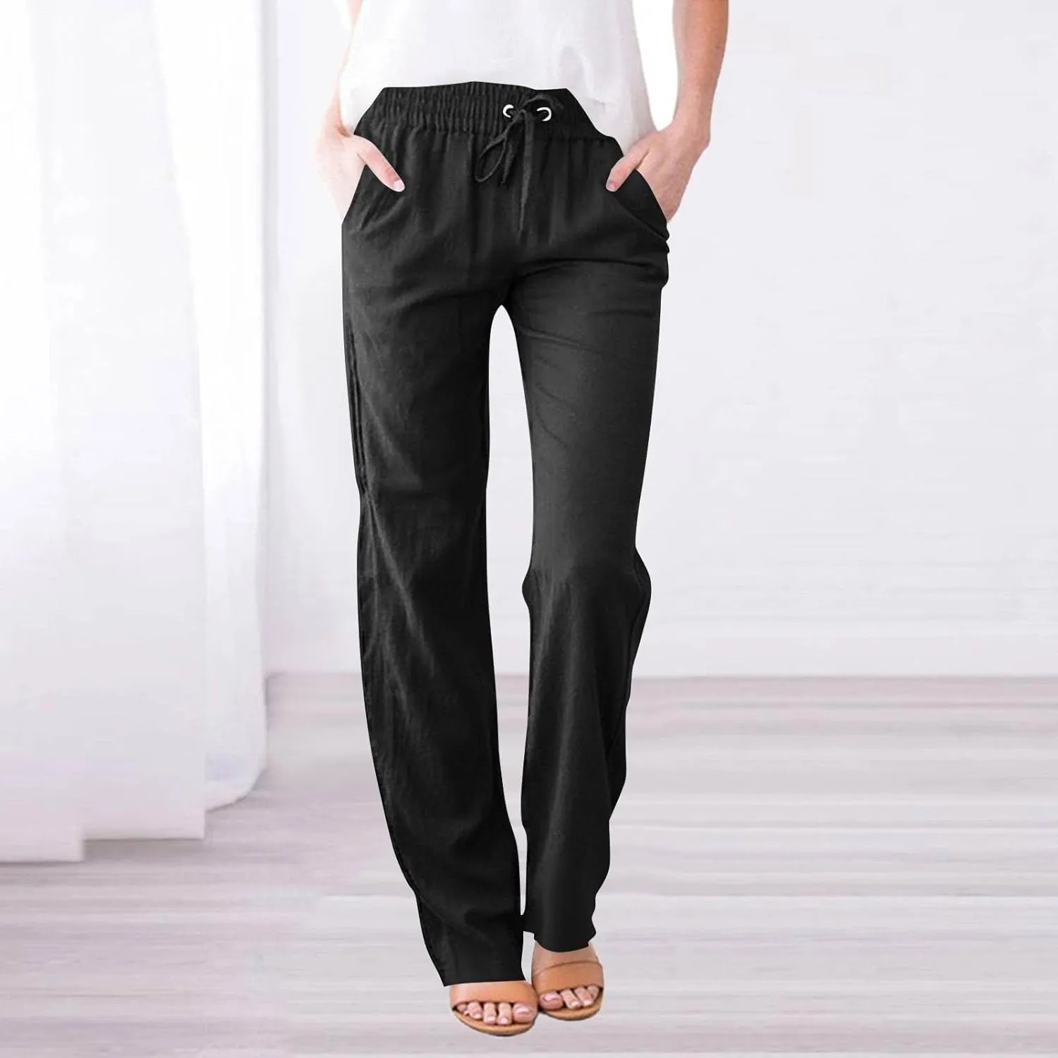 Petite Pants for Women High Waisted Straight Leg, Stretch Active Pants for Women Linen Business Casual Trousers