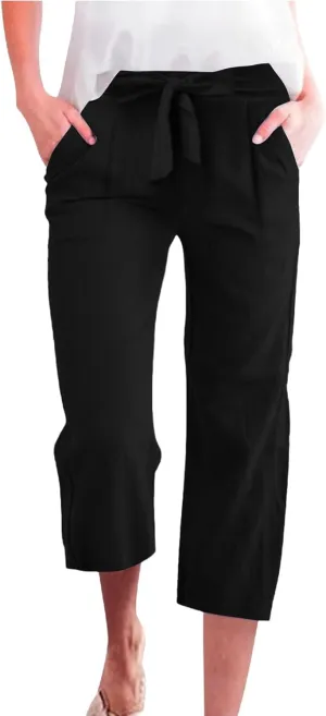 Plus Size Capris for Women Solid Color Elastic High Waist Lounge Pants Drawstring Pocket Wide Leg Cropped Trousers