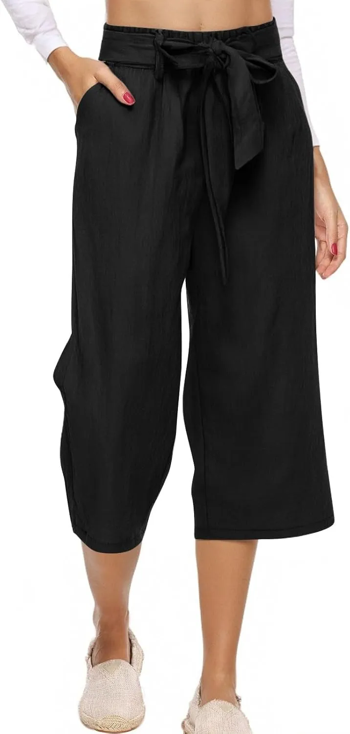 Plus Size Capris for Women Solid Color Elastic High Waist Lounge Pants Drawstring Pocket Wide Leg Cropped Trousers