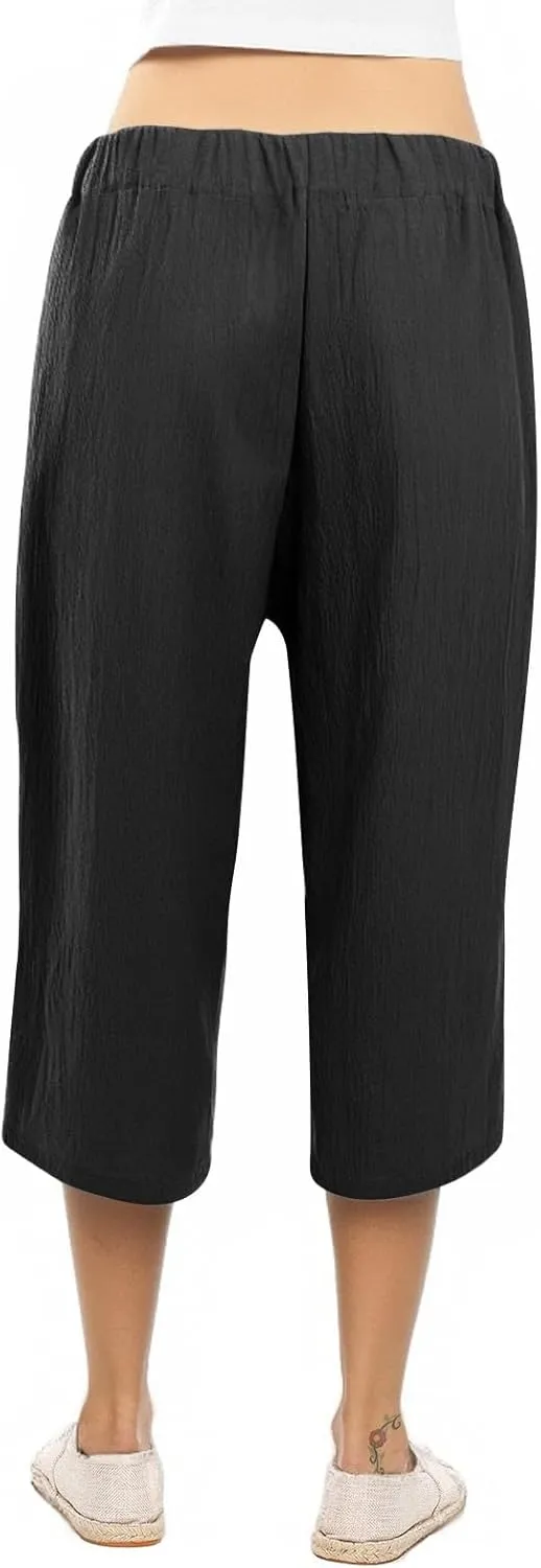 Plus Size Capris for Women Solid Color Elastic High Waist Lounge Pants Drawstring Pocket Wide Leg Cropped Trousers