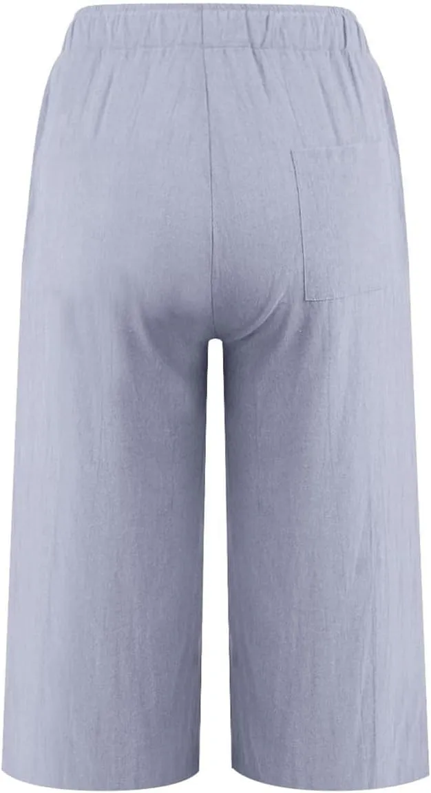 Plus Size Linen Cropped Capris for Women Drawstring Casual Cropped Trouser Leggings Summer 2024 Straight Leg Lounge