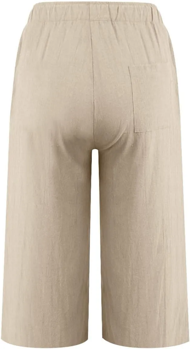 Plus Size Linen Cropped Capris for Women Drawstring Casual Cropped Trouser Leggings Summer 2024 Straight Leg Lounge