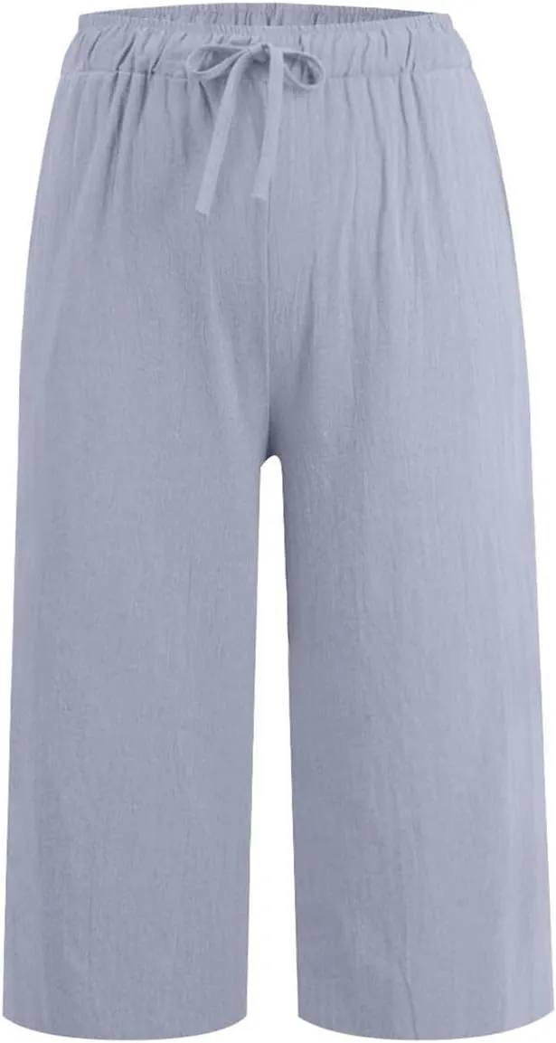 Plus Size Linen Cropped Capris for Women Drawstring Casual Cropped Trouser Leggings Summer 2024 Straight Leg Lounge
