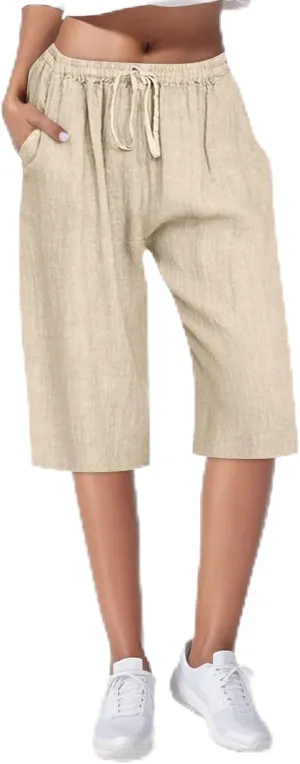 Plus Size Linen Cropped Capris for Women Drawstring Casual Cropped Trouser Leggings Summer 2024 Straight Leg Lounge