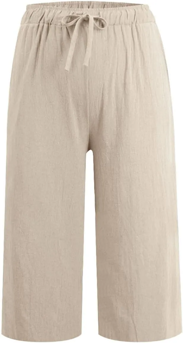 Plus Size Linen Cropped Capris for Women Drawstring Casual Cropped Trouser Leggings Summer 2024 Straight Leg Lounge