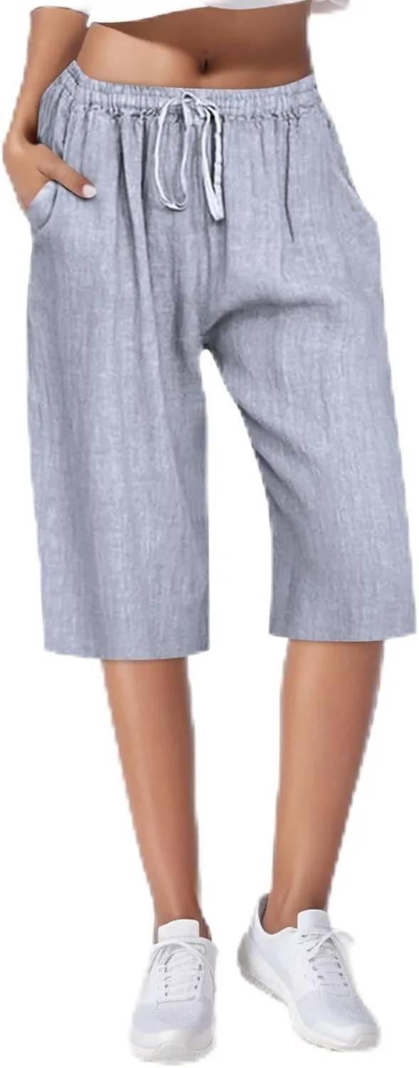 Plus Size Linen Cropped Capris for Women Drawstring Casual Cropped Trouser Leggings Summer 2024 Straight Leg Lounge