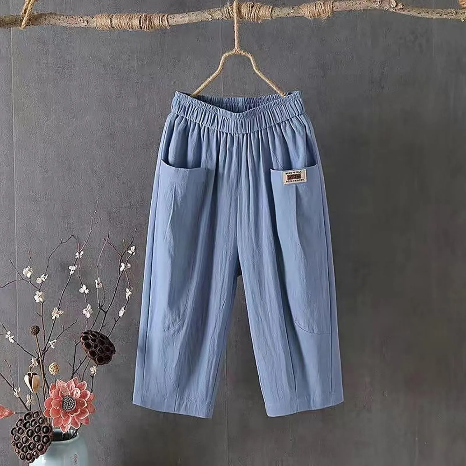 Plus Size Linen Pants for Women Cropped Pants Cotton High Waisted Trousers Loose Travel Vacation Lounge Trousers