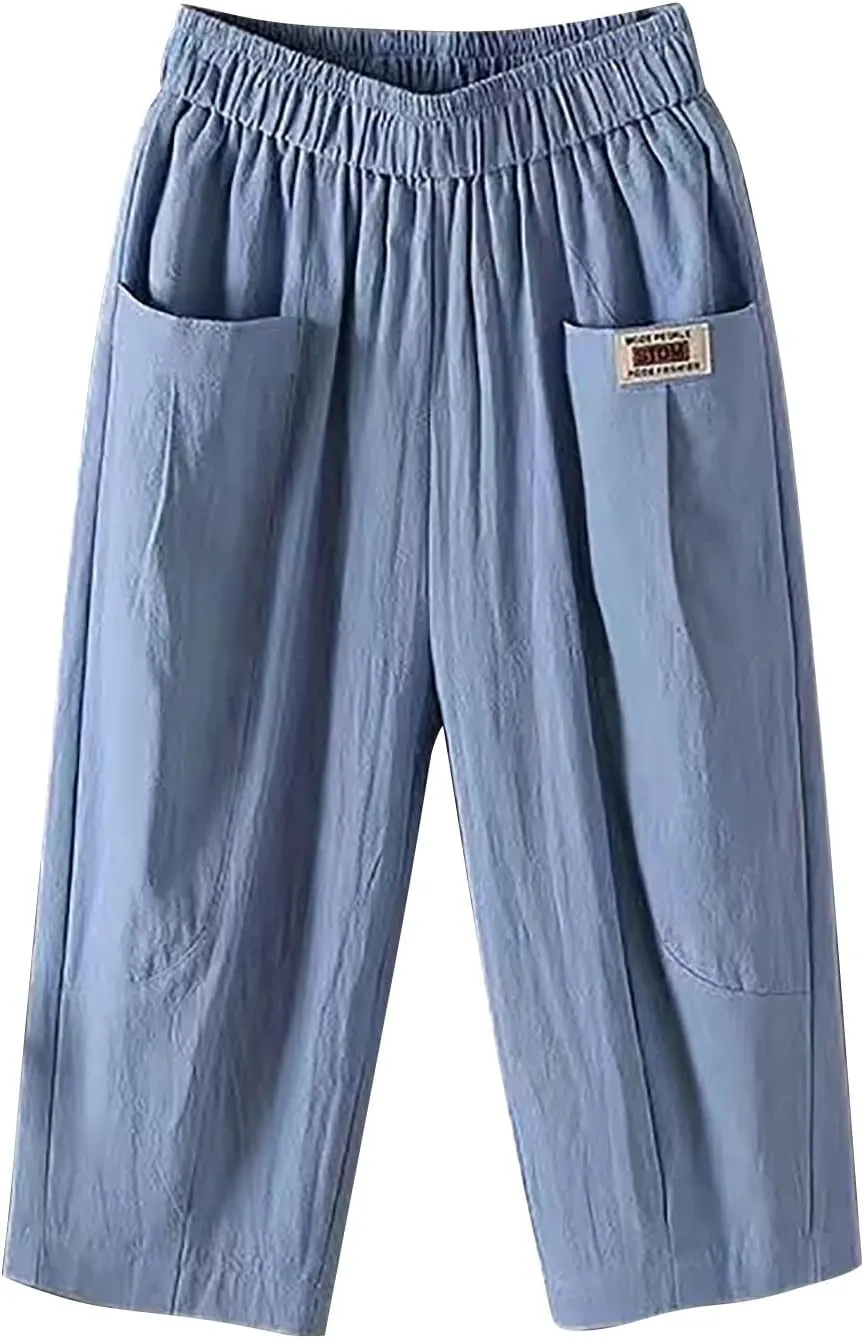 Plus Size Linen Pants for Women Cropped Pants Cotton High Waisted Trousers Loose Travel Vacation Lounge Trousers
