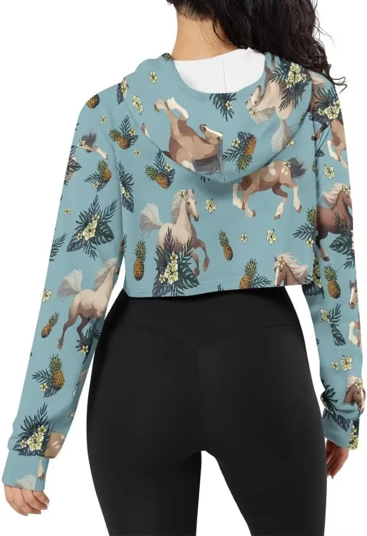 Plus Size Women Long Sleeve Cropped Hoodies Crop Top Sweatshirt Drawstring Workout Hoodie