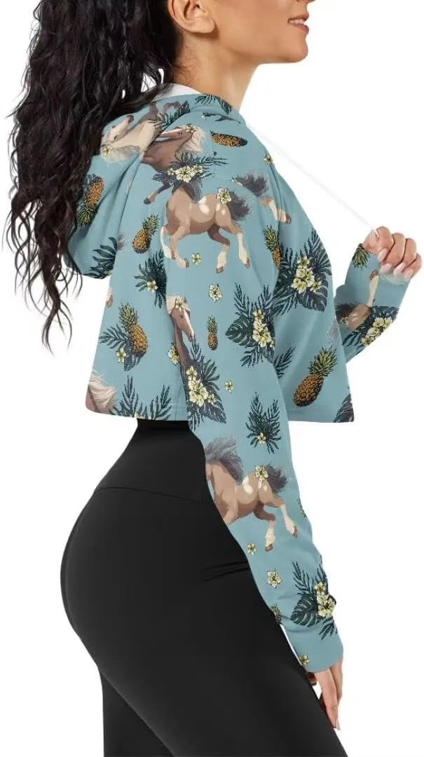 Plus Size Women Long Sleeve Cropped Hoodies Crop Top Sweatshirt Drawstring Workout Hoodie