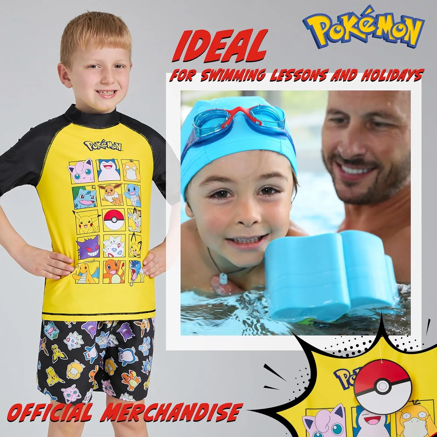 Pokemon Boys 2 Piece Swimwear Set, Swimming Top and Boys Swim Trunks