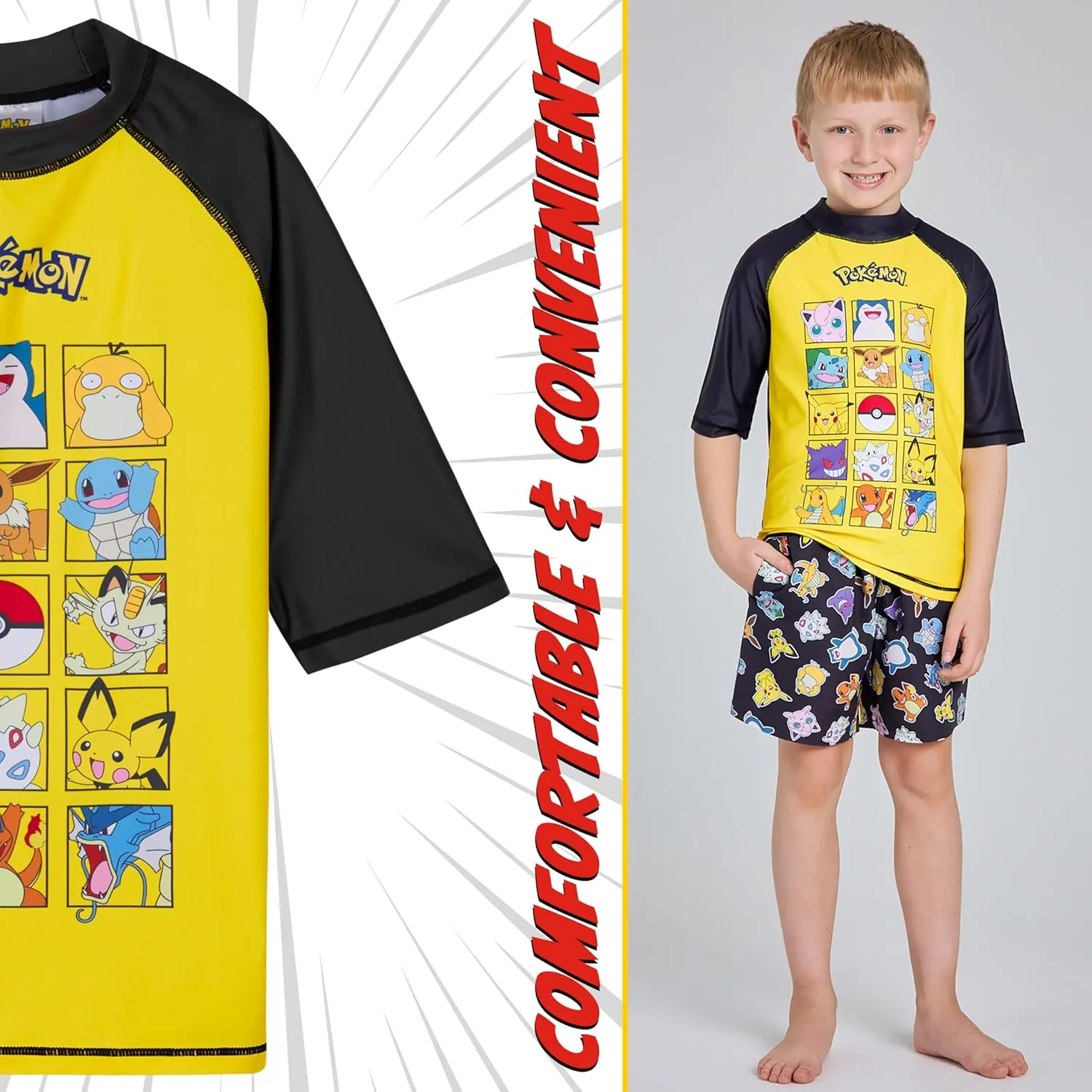Pokemon Boys 2 Piece Swimwear Set, Swimming Top and Boys Swim Trunks