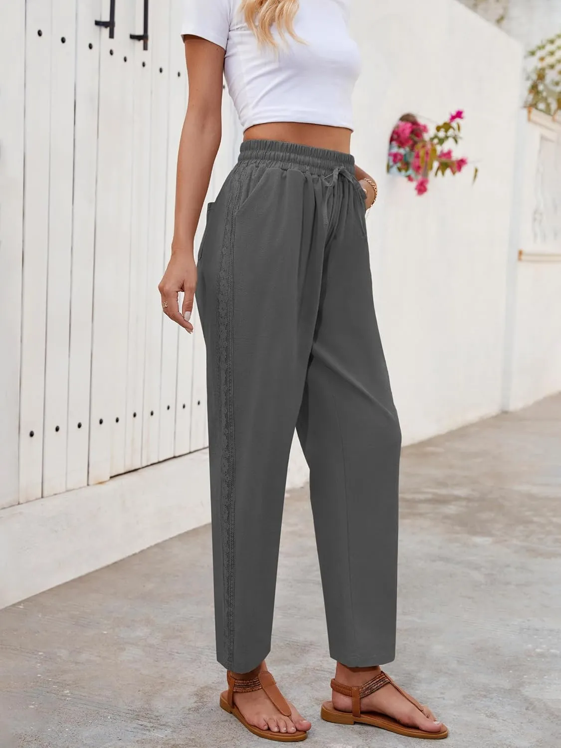 Puimentiua Women Linen Pants Lightweight Capri Pants with Lace Side Summer Casual Beach Drawstring Elastic Waist Trousers
