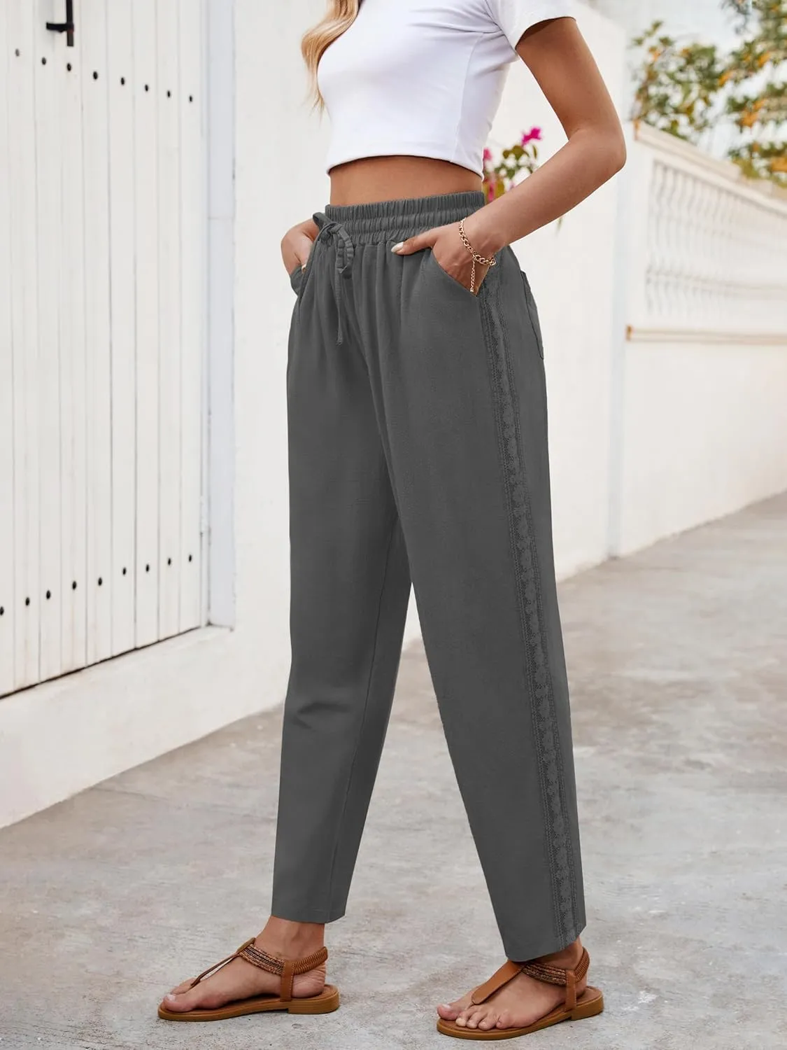 Puimentiua Women Linen Pants Lightweight Capri Pants with Lace Side Summer Casual Beach Drawstring Elastic Waist Trousers
