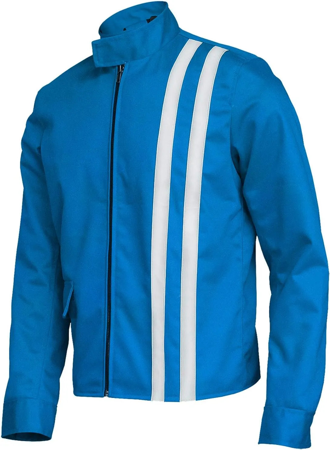 Red Vintage Racing White Stripe Cotton Biker Jacket - Blue Cotton Racer Motorcycle Jacket for Men