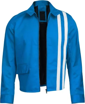 Red Vintage Racing White Stripe Cotton Biker Jacket - Blue Cotton Racer Motorcycle Jacket for Men