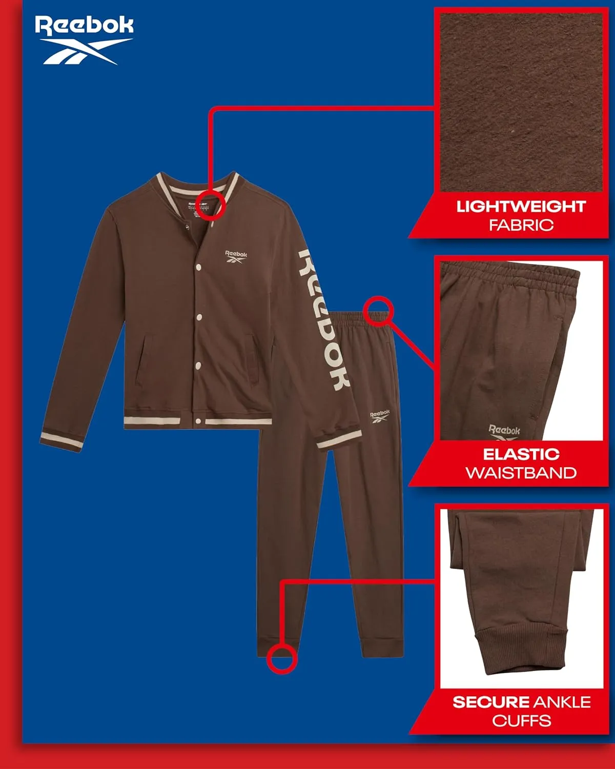 Reebok Boys' Active Tracksuit Set - 2 Piece Performance Fleece Varsity Jacket and Jogger Sweatpants for Boys (Sizes: 8-12)
