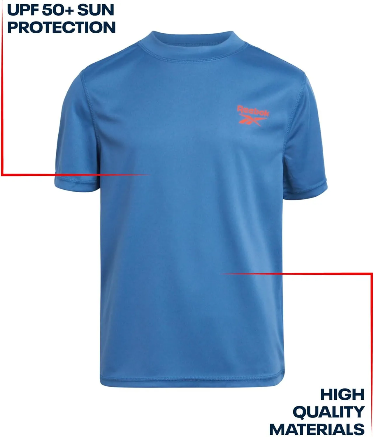 Reebok Boys Swim Shirt - 2 Pack Short Sleeve Rash Guard for Boys UPF 50  Quick Dry Kids Swimwear Sun Shirt for Summer