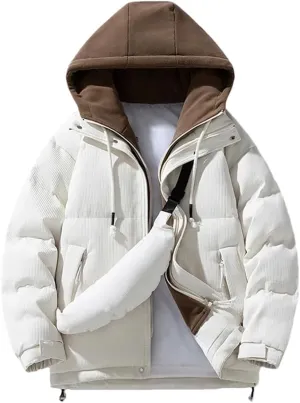 REHJJDFD Men Casual Thicken Warm Cotton Padded Jacket With Bag Hooded Outdoor Coat Parkas Fleece Jacket