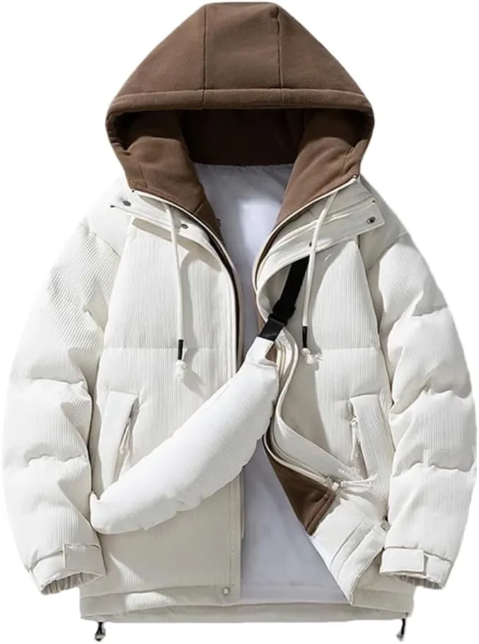 REHJJDFD Men Casual Thicken Warm Cotton Padded Jacket With Bag Hooded Outdoor Coat Parkas Fleece Jacket