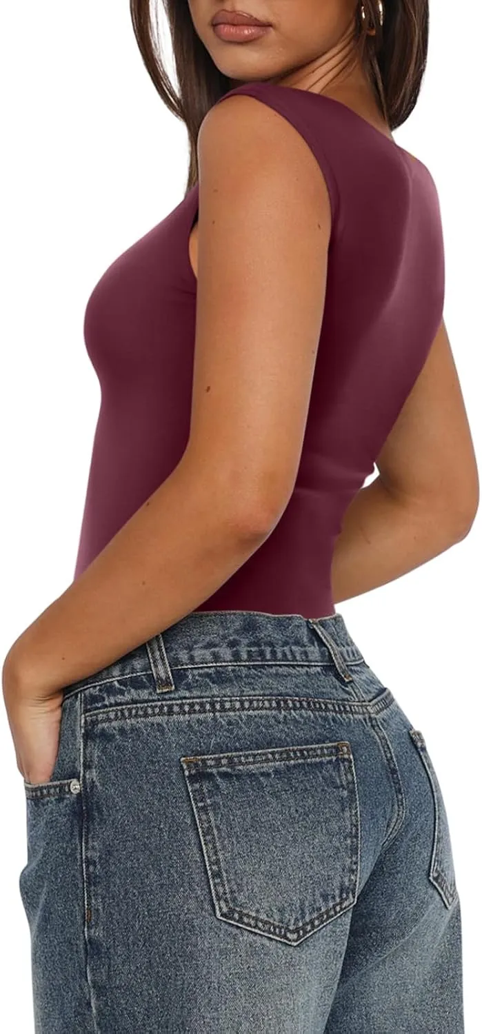 REORIA Butsmooth Women's Trendy Sexy Casual V Neck Double Lined Sleeveless Slimming Going Out Tank Top Bodysuits
