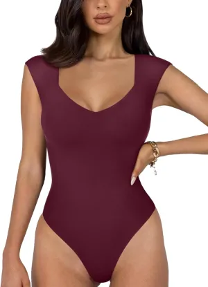 REORIA Butsmooth Women's Trendy Sexy Casual V Neck Double Lined Sleeveless Slimming Going Out Tank Top Bodysuits