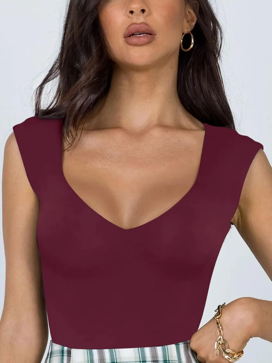 REORIA Butsmooth Women's Trendy Sexy Casual V Neck Double Lined Sleeveless Slimming Going Out Tank Top Bodysuits