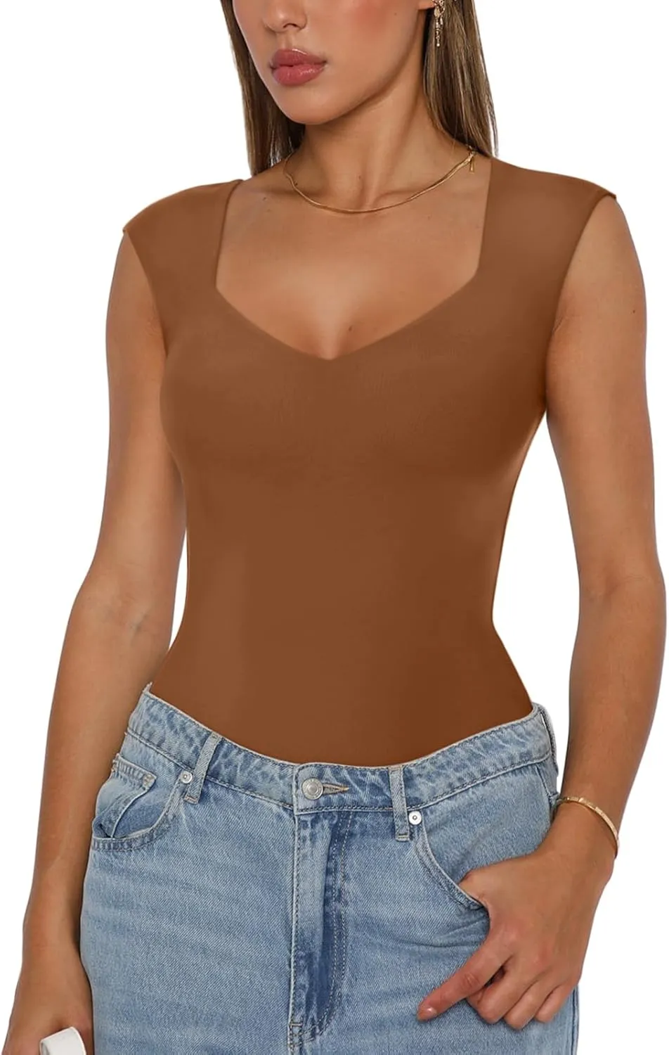 REORIA Butsmooth Women's Trendy Sexy Casual V Neck Double Lined Sleeveless Slimming Going Out Tank Top Bodysuits