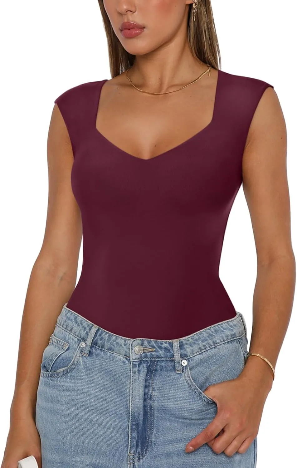 REORIA Butsmooth Women's Trendy Sexy Casual V Neck Double Lined Sleeveless Slimming Going Out Tank Top Bodysuits