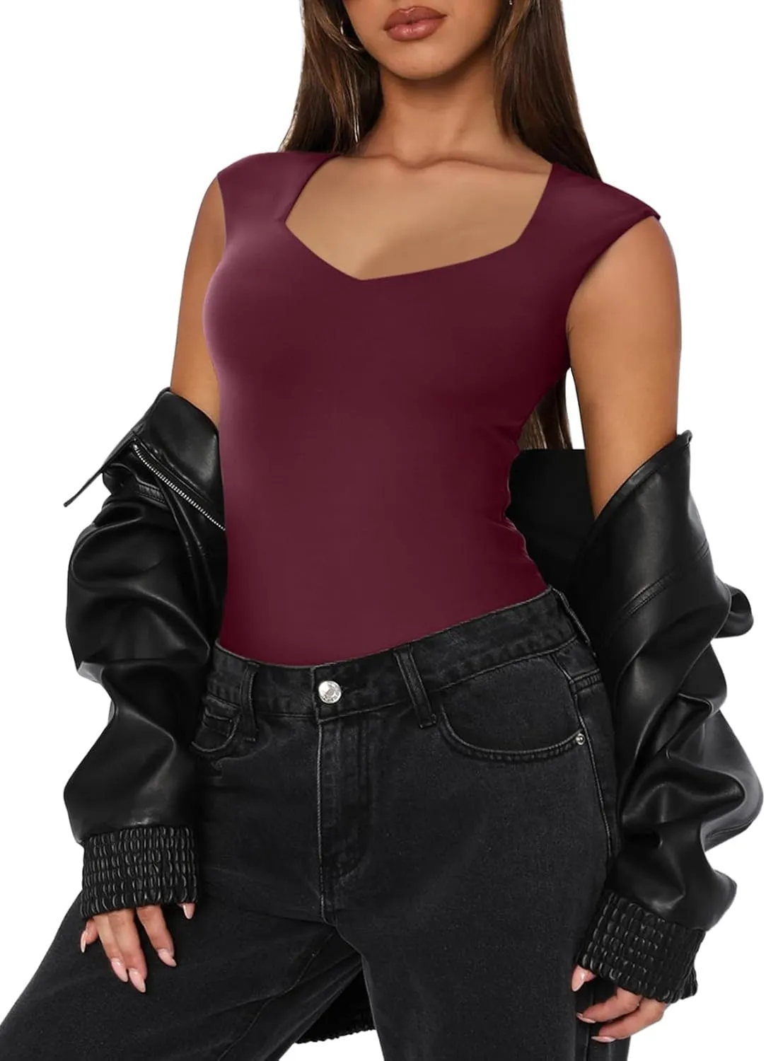 REORIA Butsmooth Women's Trendy Sexy Casual V Neck Double Lined Sleeveless Slimming Going Out Tank Top Bodysuits