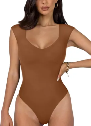 REORIA Butsmooth Women's Trendy Sexy Casual V Neck Double Lined Sleeveless Slimming Going Out Tank Top Bodysuits
