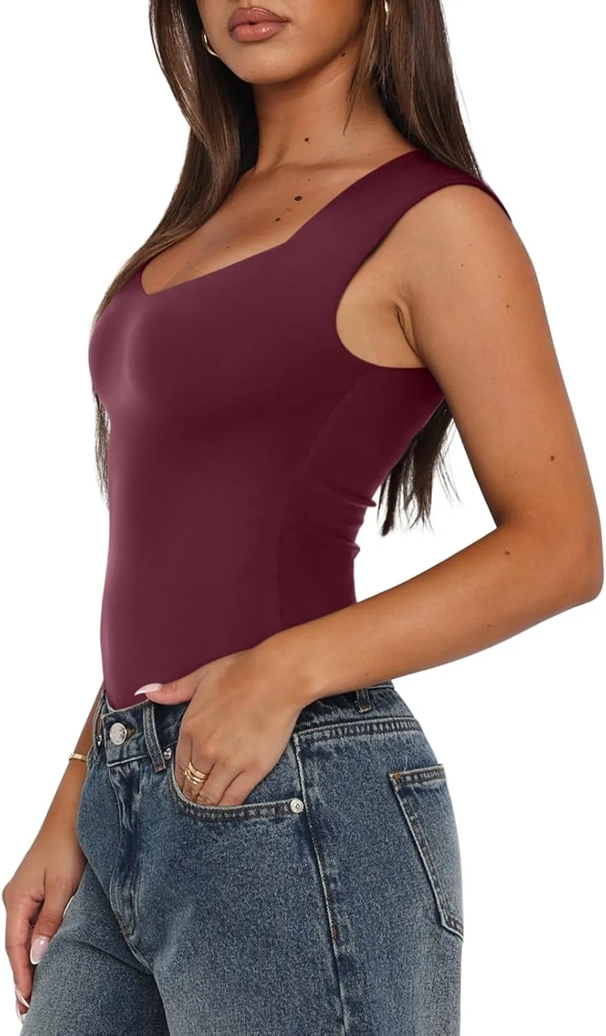 REORIA Butsmooth Women's Trendy Sexy Casual V Neck Double Lined Sleeveless Slimming Going Out Tank Top Bodysuits