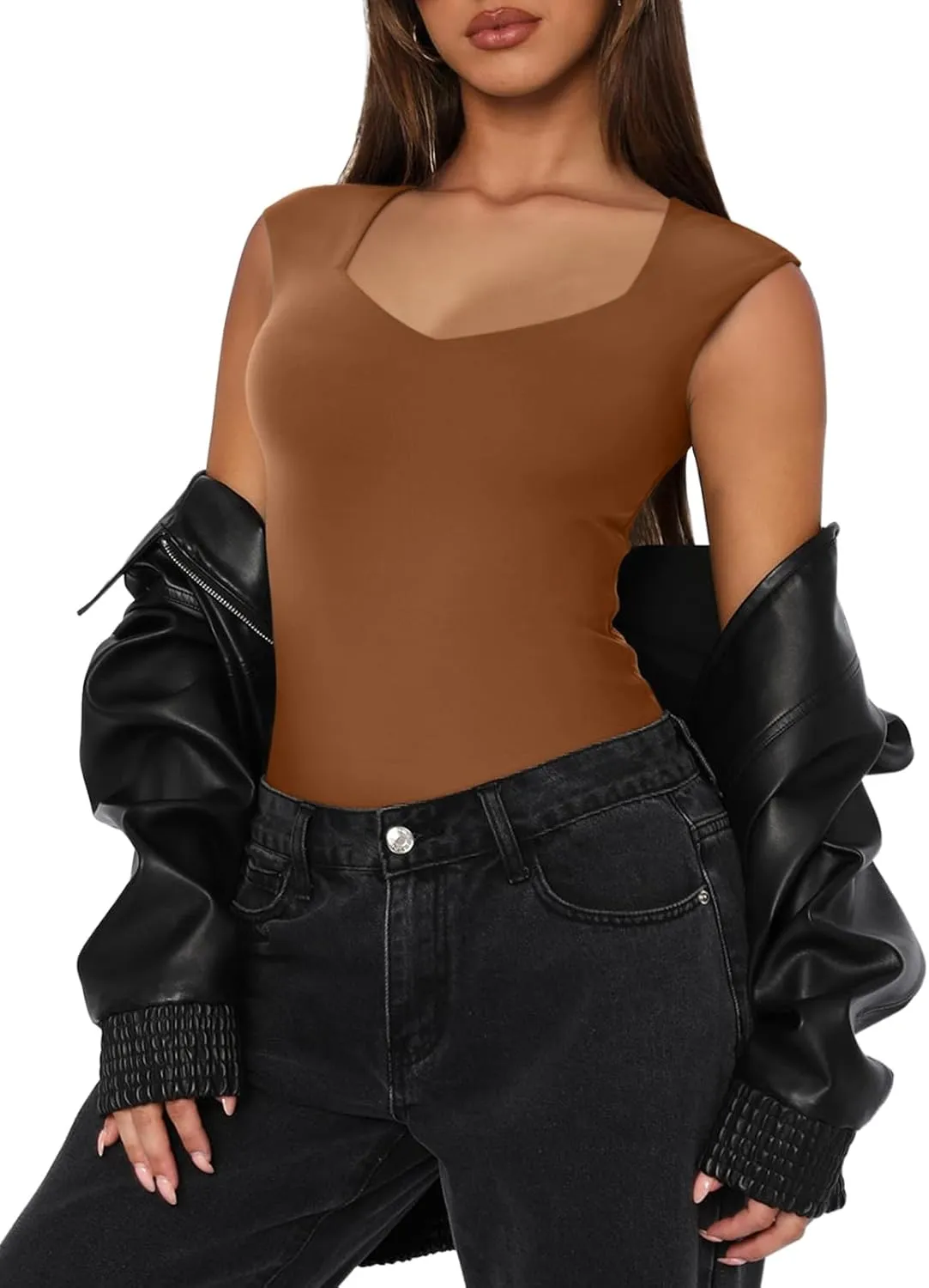 REORIA Butsmooth Women's Trendy Sexy Casual V Neck Double Lined Sleeveless Slimming Going Out Tank Top Bodysuits