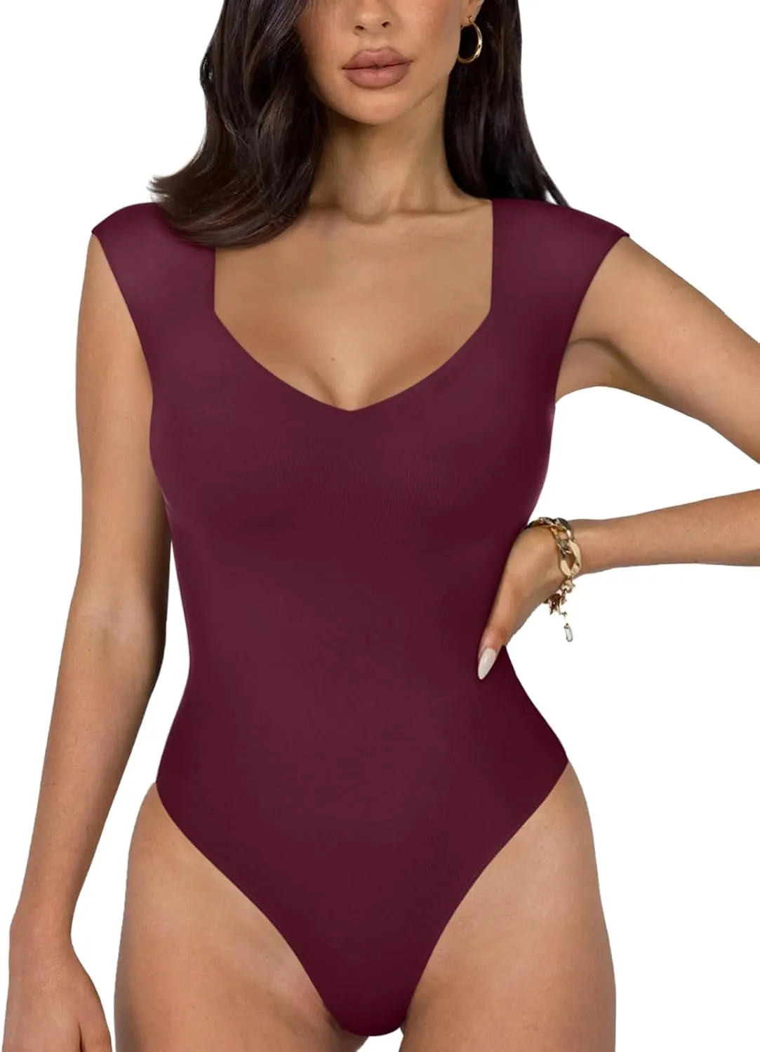 REORIA Butsmooth Women's Trendy Sexy Casual V Neck Double Lined Sleeveless Slimming Going Out Tank Top Bodysuits
