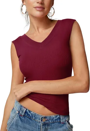 REORIA Womens Sleeveless V Neck Tank Tops Basic Tops Cap Sleeve T Shirt Tee Spring Summer Tops Casual Slim Fit Ribbed Top