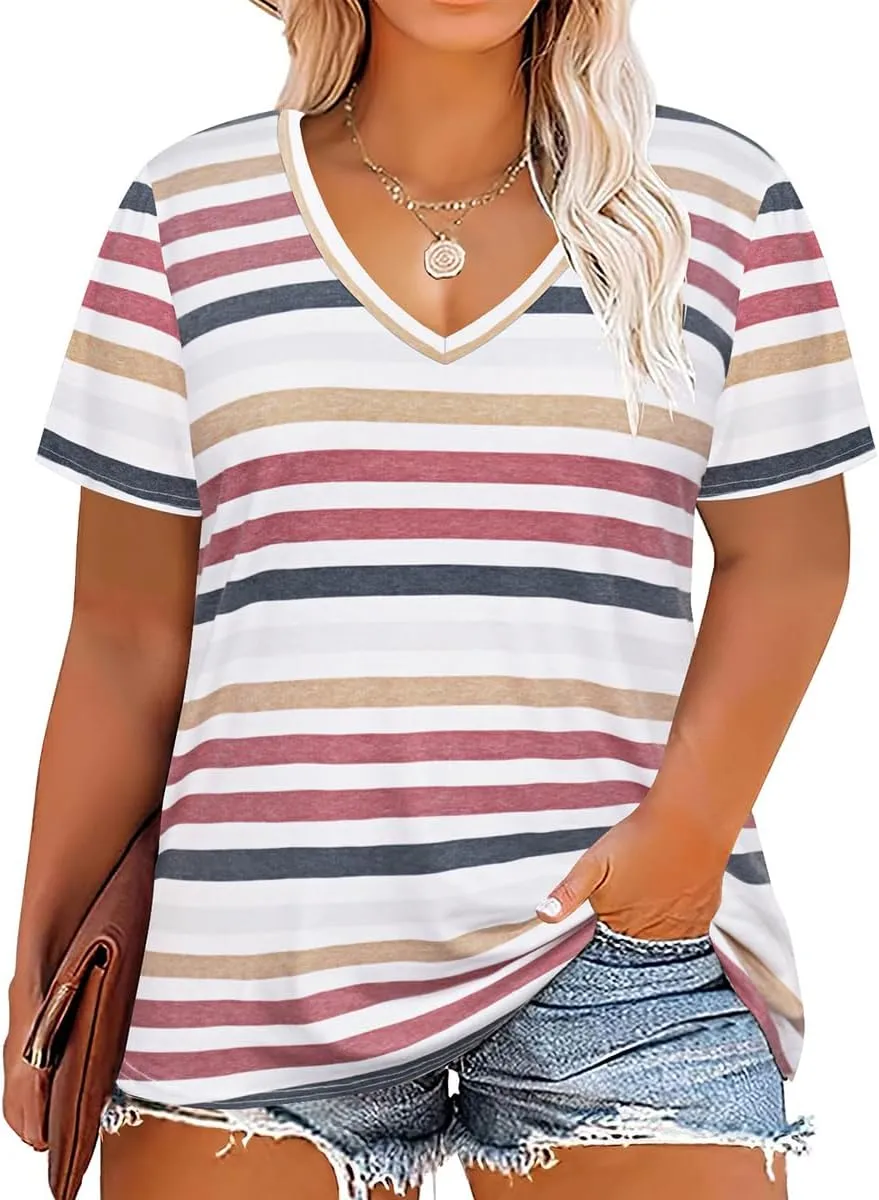 RITERA Plus Size Tops for Women Oversized Summer Basic V Neck Short Sleeve Henley Shirt Casual Tunic Shirts XL-5XL