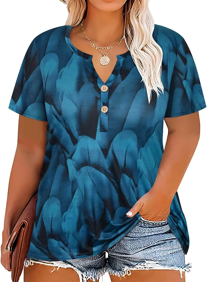 RITERA Plus Size Tops for Women V Neck Button Up Short Sleeve Henley Tshirt Casual Blouse Pullover Basic 12W 14W XL-5XL