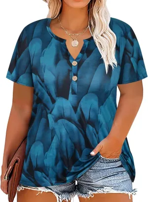 RITERA Plus Size Tops for Women V Neck Button Up Short Sleeve Henley Tshirt Casual Blouse Pullover Basic 12W 14W XL-5XL