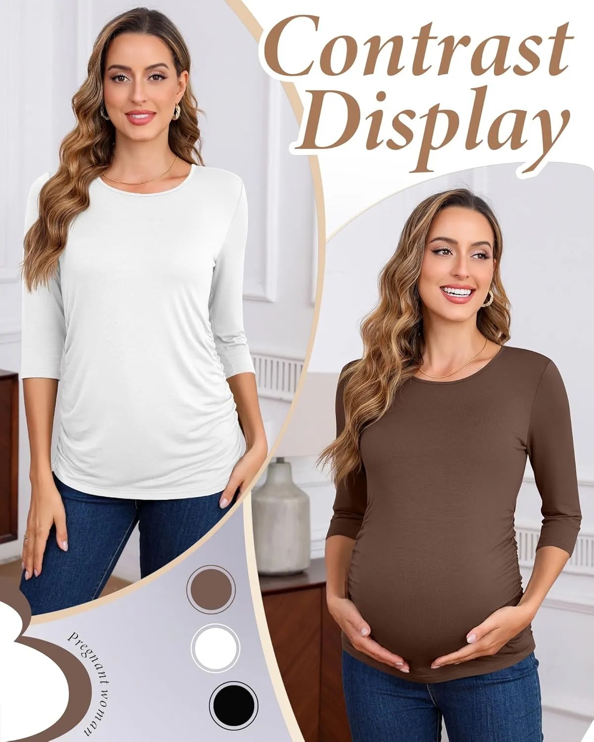 Riyiper 3 Pack Women's Maternity Shirts, 3/4 Sleeve Crew Neck Pregnancy Tee Tops Side Ruched Casual Tunic Pregnant T Shirts