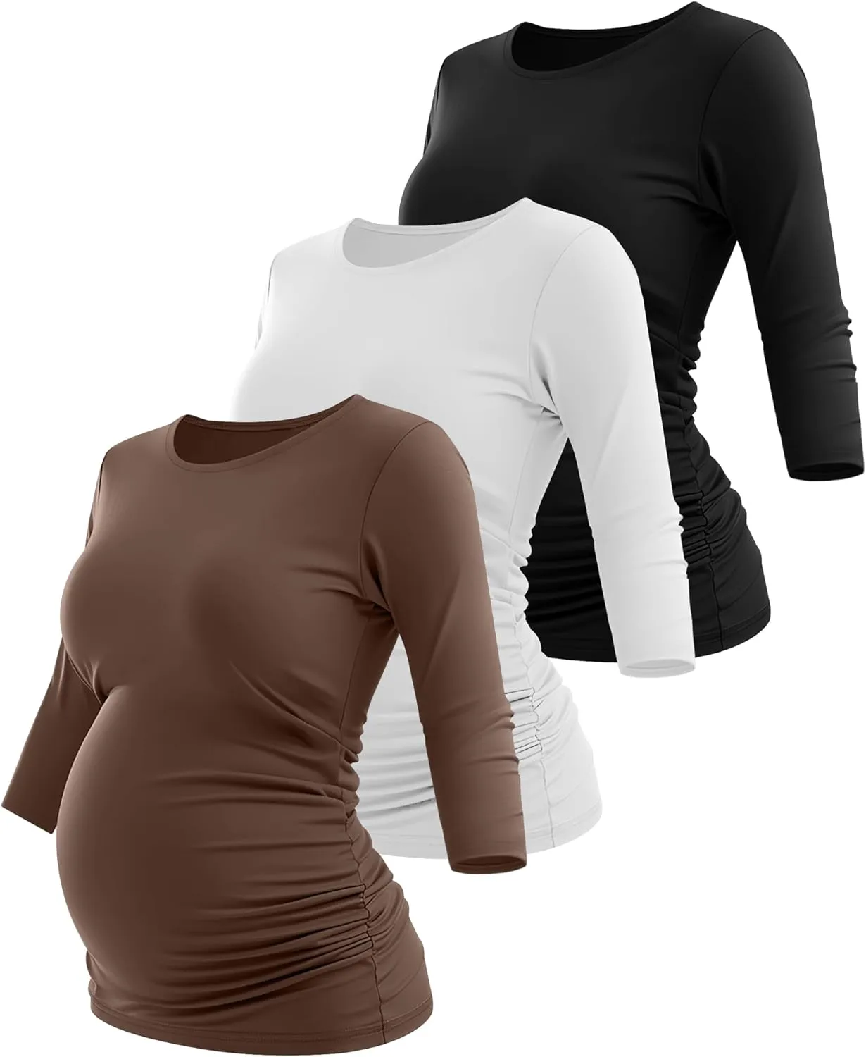Riyiper 3 Pack Women's Maternity Shirts, 3/4 Sleeve Crew Neck Pregnancy Tee Tops Side Ruched Casual Tunic Pregnant T Shirts