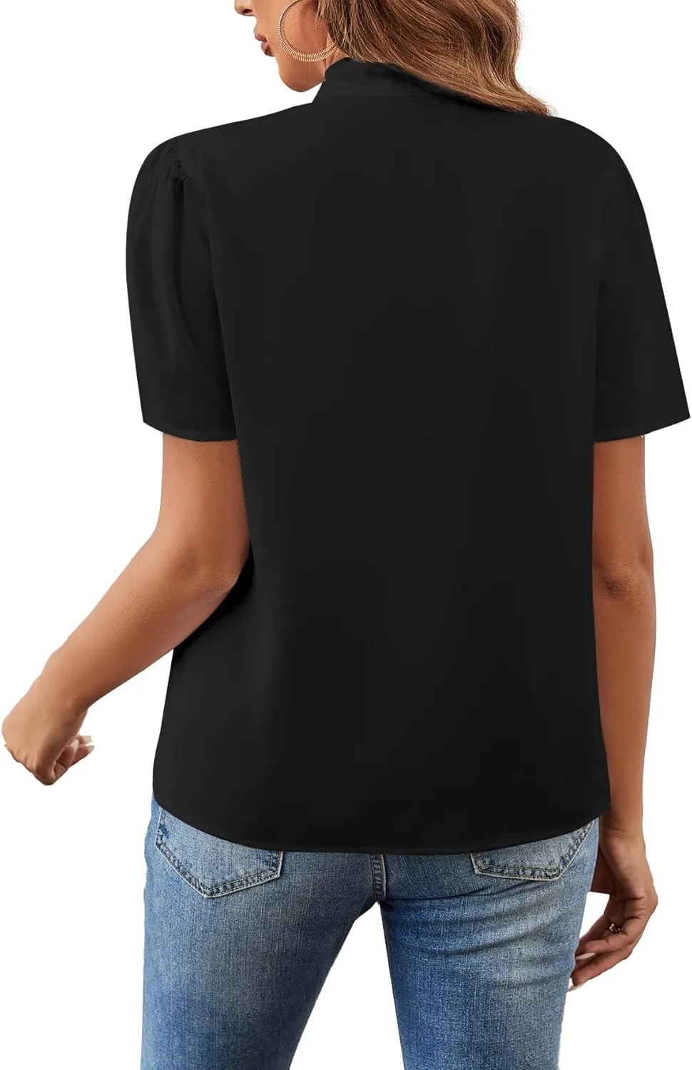 Rooscier Women's Bow Tie Knot Mock Neck Short Sleeve Elegant Workwear Blouse Shirt Top
