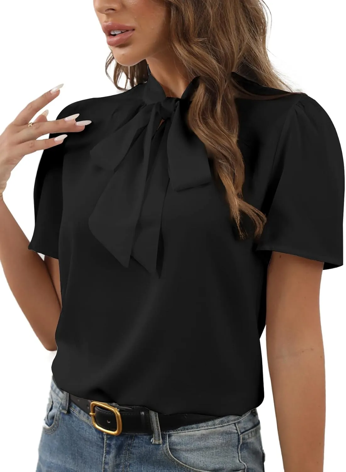 Rooscier Women's Bow Tie Knot Mock Neck Short Sleeve Elegant Workwear Blouse Shirt Top