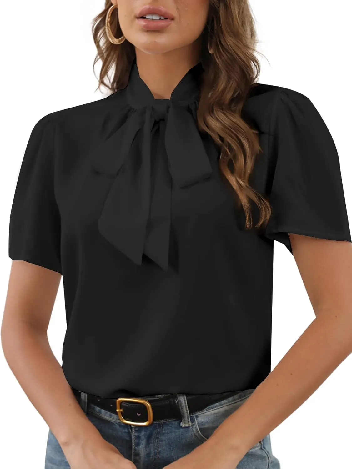 Rooscier Women's Bow Tie Knot Mock Neck Short Sleeve Elegant Workwear Blouse Shirt Top