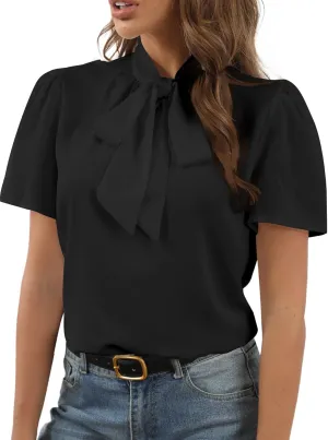 Rooscier Women's Bow Tie Knot Mock Neck Short Sleeve Elegant Workwear Blouse Shirt Top