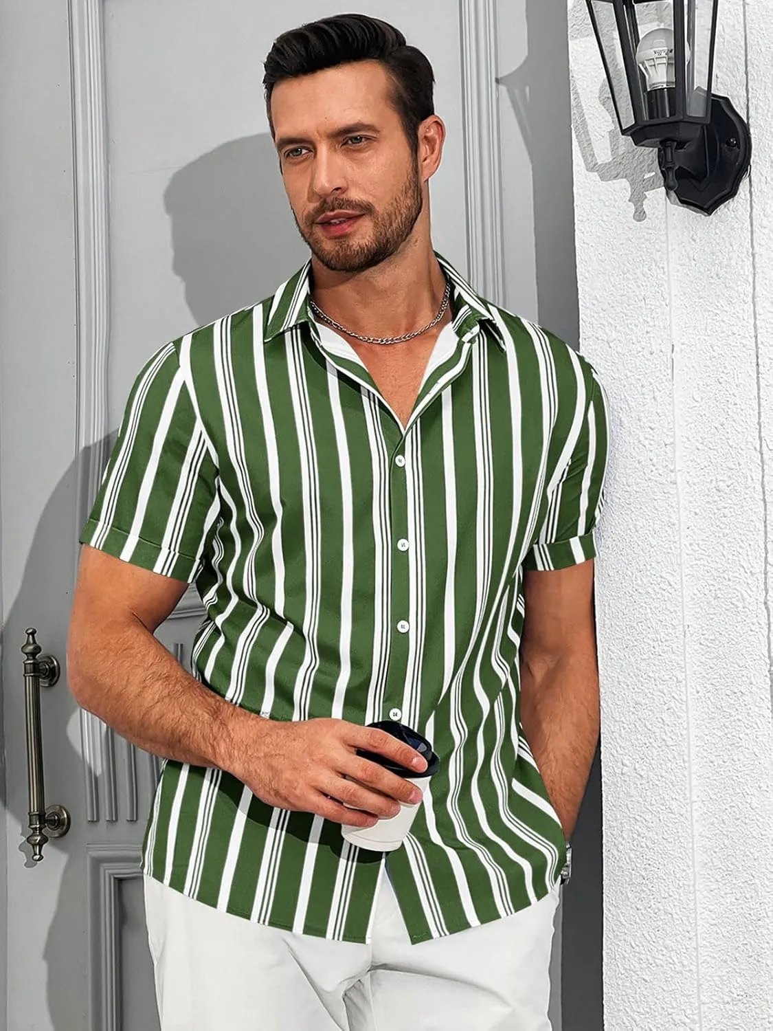 Runcati Mens Casual Striped Shirts Button Down Short Sleeve Summer Hawaiian Shirt Hippie Beach Vacation Tops