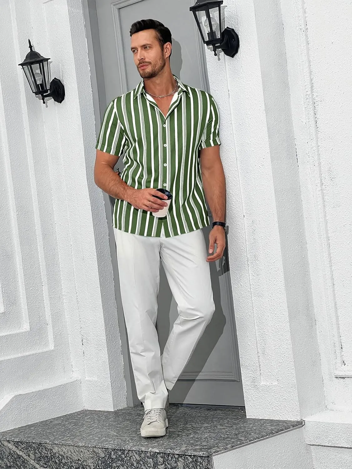 Runcati Mens Casual Striped Shirts Button Down Short Sleeve Summer Hawaiian Shirt Hippie Beach Vacation Tops
